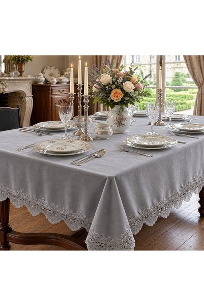 DECORA CASA HOME COLLECTİON French Lace Embroidered Tablecloth - Premium Shin...