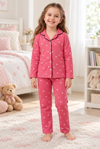 CottonVia Girls' Pajama Set, 100% Cotton, 30/1 Combed Single Jersey, Front Bu...