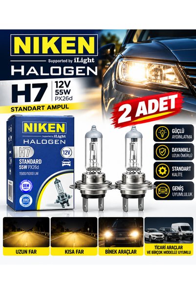 Niken H7 12V 55W Standart Halojen Far Ampulü 2 Adet – Güçlü Sarı Işık Uzun Kı...
