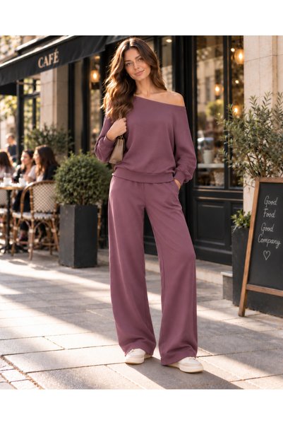 LILAC طقم بدلة رياضية نسائية باللون الأرجواني مع ياقة قاربية وخصر مطاطي وجيوب