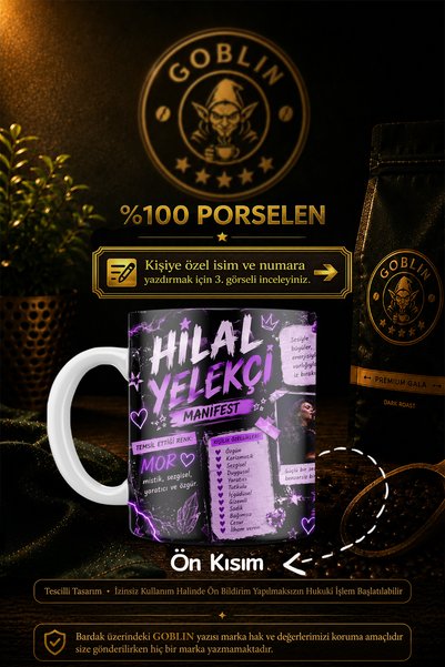 Goblin Kişiye Özel İsimli Manifest Hilal Yelekçi Baskılı Porselen Kupa Bardak...