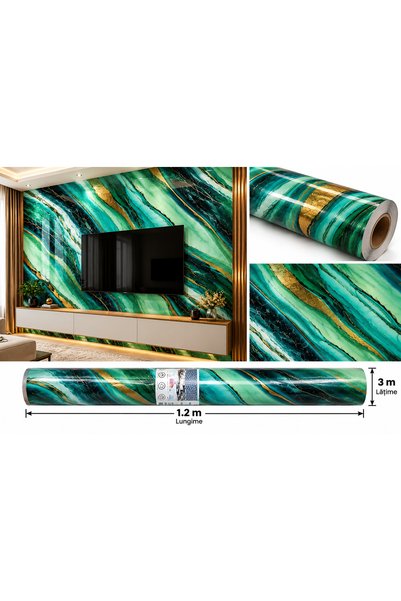 Generic Brand Autocolant Decorativ Marmură Verde Smarald cu Inserții Aurii, P...