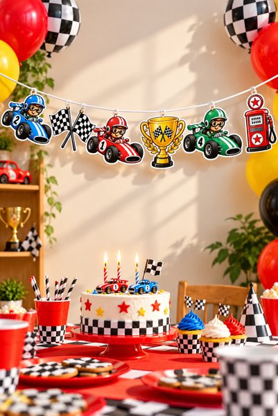 GREATOY Retro Yarış Temalı Figür Banner 6'lı Set – Renkli Araba, Dama Bayrağı...