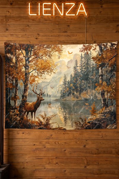 Lienza Nostaljik Geyik Tasarımı – Modern Dekoratif Kaliteli Kumaş Tapestry Du...