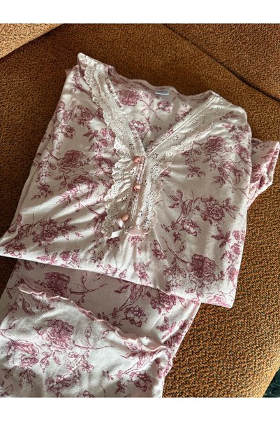 Genel Markalar PEMBE RENK DESENLİ DANTELLİ PAMUKLU PİJAMA TAKIMI