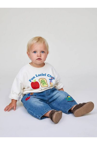 Motebarn Wear Erkek Bebek Ekru Baskılı Sweatshirt Ve Beli Lastikli Figürlü Balon Jean İkili Takım