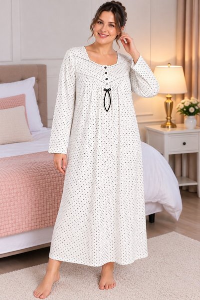 Alize Moda قميص نوم نسائي بأكمام طويلة، 100% قطن، منقط، مقاس كبير