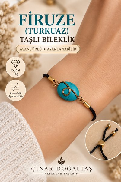Genel Markalar Kadın Firuze Turkuaz Doğal Taş Bileklik Altın Renk Detaylı Siy...