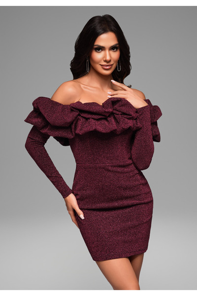 Larica Damen Mini-Abendkleid, Schulterfreier Ausschnitt, Mehrlagige Rüschen, ...
