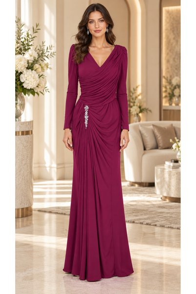 LAVERA STYLE فستان سهرة أرجواني بثنيات درابيه وزينة كريستالية.
