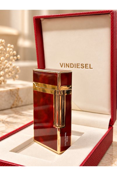 Vindiesel ORJINAL Gazlı Pürmüzlü Çakmak Bordo Gold Metal Gövde, Şık ve Lüks Tasarım, Kapaklı Mekanizma Doldurulabilir, Özel Hediyelik Kutulu