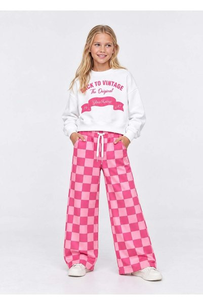 Name Baby Girl's Checkerboard Patterned Tracksuit Set Jab-17135