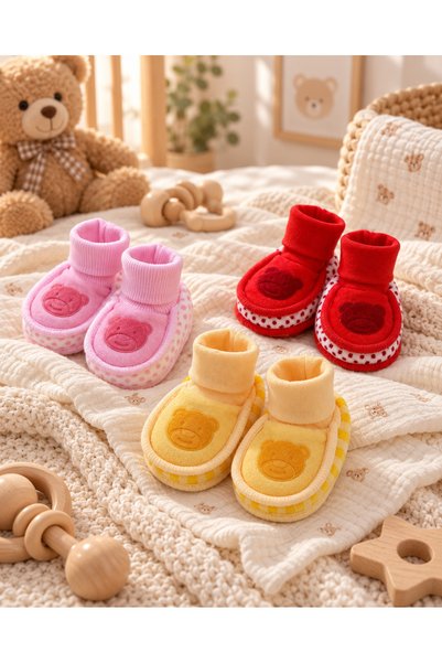 Renkli Puset 3-Piece Velvet Baby Booties with Suede Teddy Bear