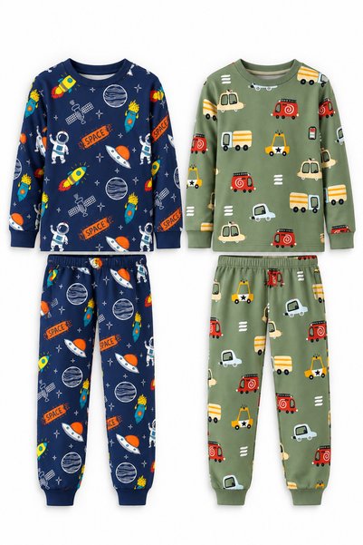 Novella18kıds Boy's 2, Li 100% Cotton Interlock Long Sleeve Space and Car Pat...