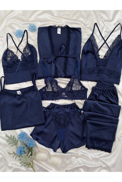 Lena Homewears Navy Blue Boxed 8 Piece Giant Velvet Pajamas Satin Nightgown D...