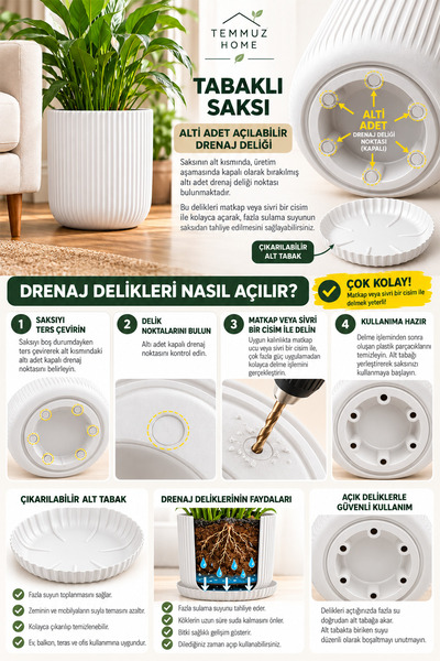 TEMMUZ HOME 10,5 Litre Lotus Tabaklı Dekoratif Çiçek Saksısı – Modern Çizgili Tasarım, Drenaj Delikli, İç ve Dış Mekân Uyumlu