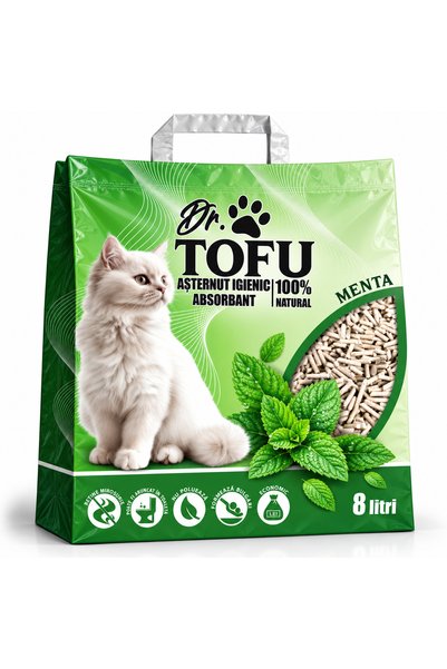Tofu Dr. - Asternut igienic absorbant 5 in 1 pentru pisici, Menta, 8 L