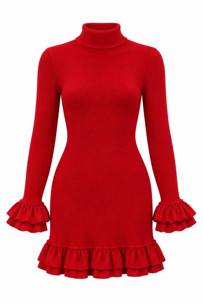 Laluvia Red Turtleneck Ruffled Knitwear Dress - 70037