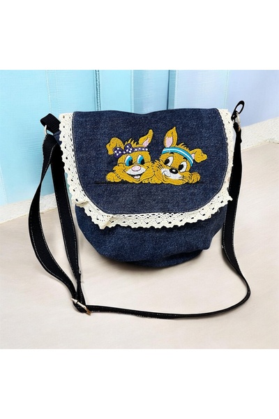 GÜLHOBY Denim Fabric Embroidered Crossbody Bag for Women (28X28Cm)