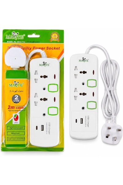 Generic MAQTE Power Socket Extension Lead with 2 USB Ports, 2m Cable