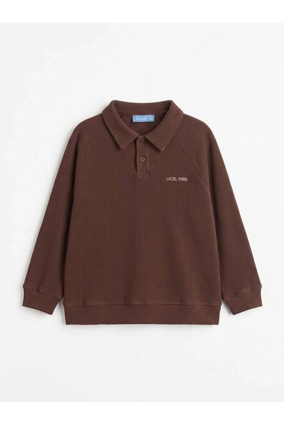 Motebarn Wear Erkek Çocuk Kahverengi Gofre Polo Yaka Sweatshirt Ve Bej Pantolon 2'li Takım