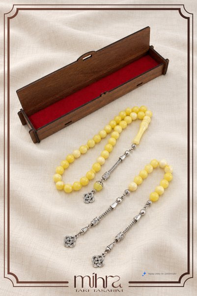 THAD Beirut Powder Amber Prayer Beads and Zaza Set – Yellow Round Cut 33 Piec...