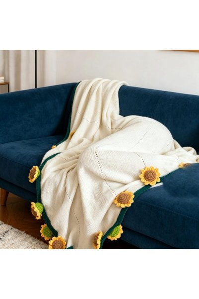 KASTWAVE Throw Blanket for Couch, Crochet Flower Sunflower Bouquet Shawl Hand...