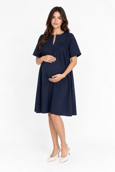 Allyco Ribbed Short Sleeve Maternity Dress with Beaded Collar Detail
