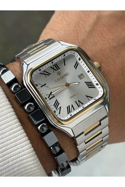 Raymond Rym-614270 Roma Numerals Square Men's Wristwatch - Steel Strap