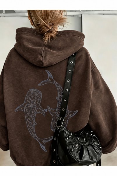 Unisex Oversize 3 İplik Şardonlu Kalın Kapüşonlu Sweatshirt Kahverengi