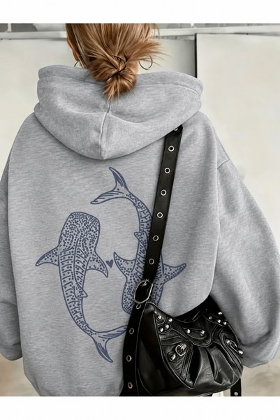 Unisex Oversize 3 İplik Şardonlu Kalın Kapüşonlu Sweatshirt Gri