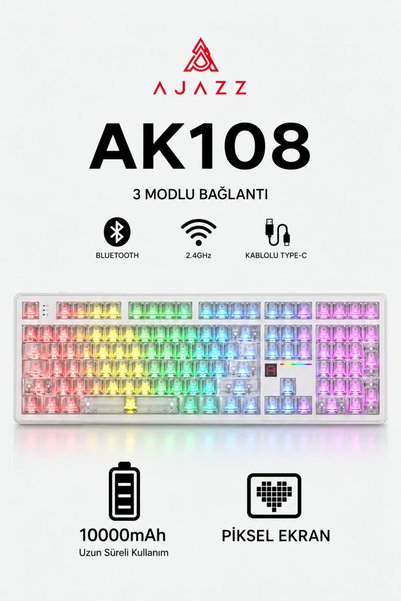 Ajazz AK108 10.000 mAh 3 Modlu Kablosuz Piksel Ekranlı Mekanik Oyuncu Klavyes...