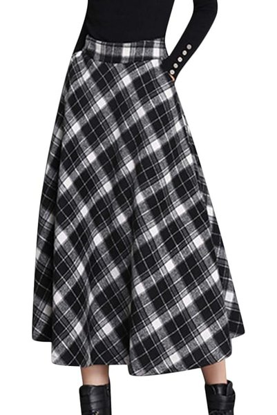 Tanming Women's Elastic Waist Belted Wool Blend Check Plaid Midi Skirt