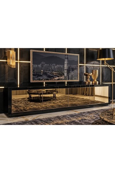 LUXURY VİLLA SİYAH CAMLI GOLD AYNALI 4 KAPAKLI DEKORATİF TV SEHPASI 200x40 YÜ...