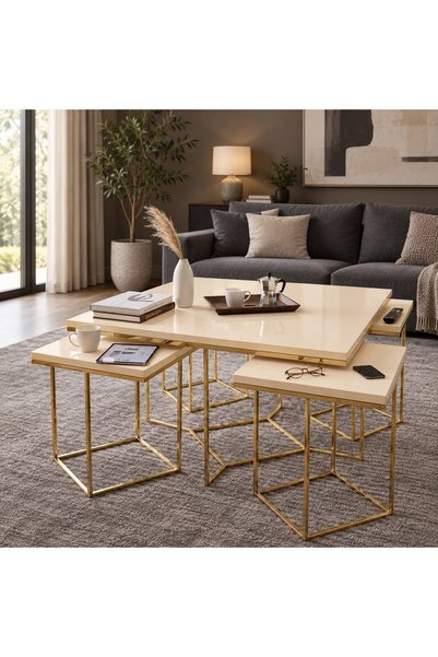 ERYALUX HOME 4 + 1 MONZA KARE ORTA SEHPA GOLD - KREM MDF MEBRAN YÜZEY