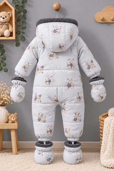 DeKuBaby Sevimli Tavşan Desenli İçi Peluş Kapüşonlu Tak-Çıkar Eldiven Ve Patikli Kışlık Çocuk-Bebek Astronot Tulum - Kozmonot Mont