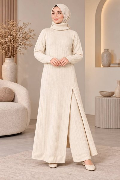 MAY MARA Women's turtleneck, side slit, and 2-piece pants knitwear set