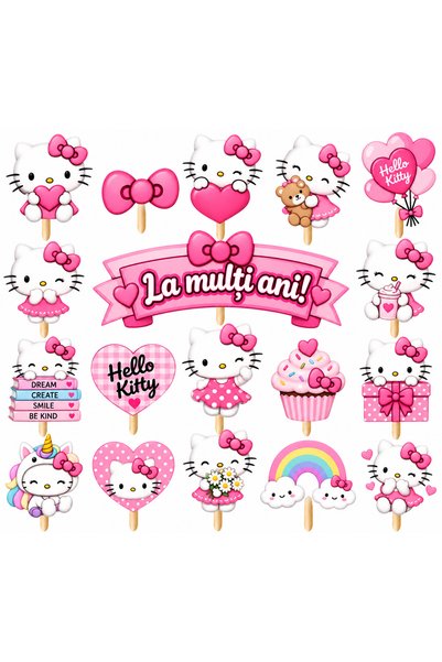 DecoParty Set de decorațiuni pentru tort – Tematică HELLO KITTY, 18 piese, Ca...