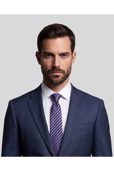 KUMOVO Purple Striped Navy Blue Silk Tie – 7.5 cm Wide