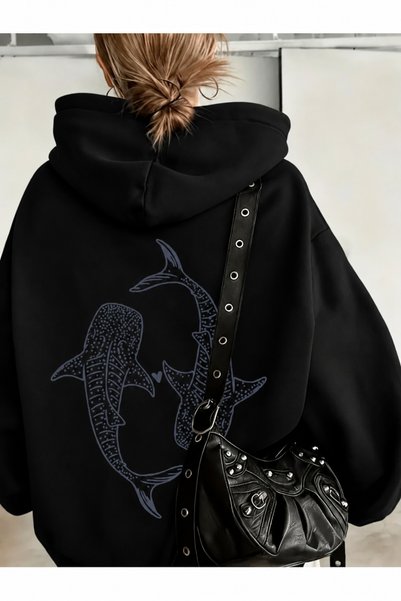 Unisex Oversize 3 İplik Şardonlu Kalın Kapüşonlu Sweatshirt Siyah