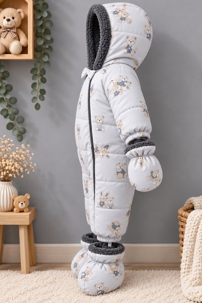 DeKuBaby Sevimli Tavşan Desenli İçi Peluş Kapüşonlu Tak-Çıkar Eldiven Ve Patikli Kışlık Çocuk-Bebek Astronot Tulum - Kozmonot Mont