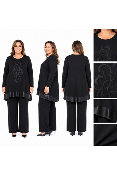 BİrHoşButik طقم نسائي مقاس كبير من الليكرا الكاملة مع نقش جلدي وأكمام طويلة و...