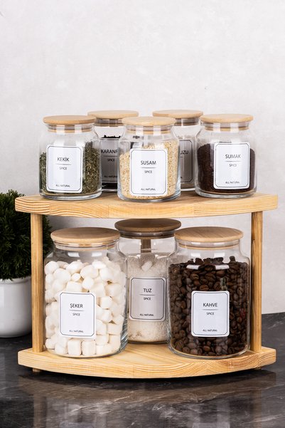 dnshome 8'li Organizer Set Ahşap Stantlı 5 Adet 300 ml ve 3 Adet 800 ml Cam K...