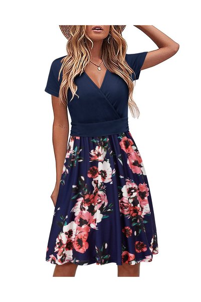 OEM Rochie de vară pentru femei, cu mânecă scurtă, decolteu în V, cu imprimeu...
