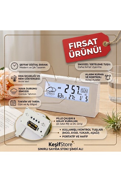 KeşifHOME Dijital Masa Saati - Hava Durumu Tahminli, Termometreli & Nem Göstergeli Alarmlı Saat