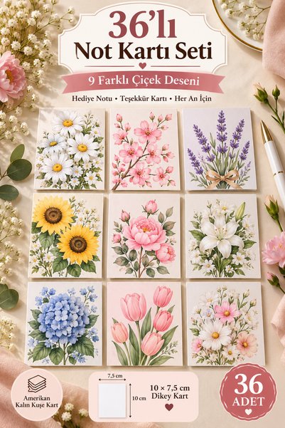 PAMEPAW 36’lı Not Kartı Seti – 9 Farklı Çiçek Desen | Hediye Notu