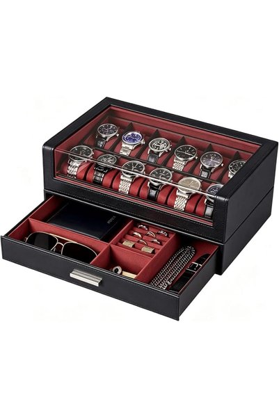 Procases صندوق ساعات برو كيس بـ 12 فتحة مع درج وغطاء شفاف، أسود وأحمر نبيذي