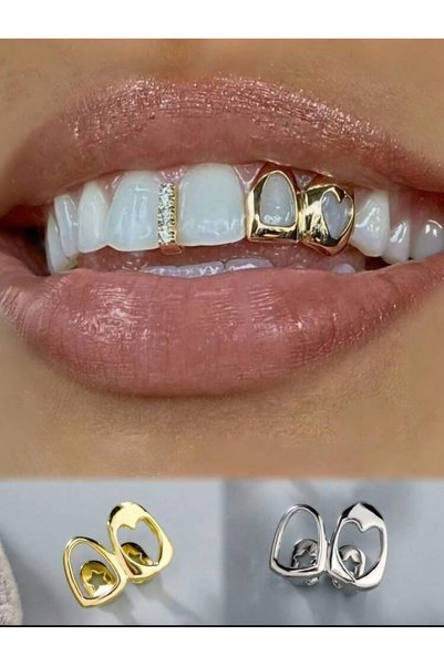 Zümrütoyuncakstore Y2k Diştaşı Hip Hop Gümüş Rengi İkili Kalpli Taşlı Tooth Grillz Gems Takı Diş Aksesuarı