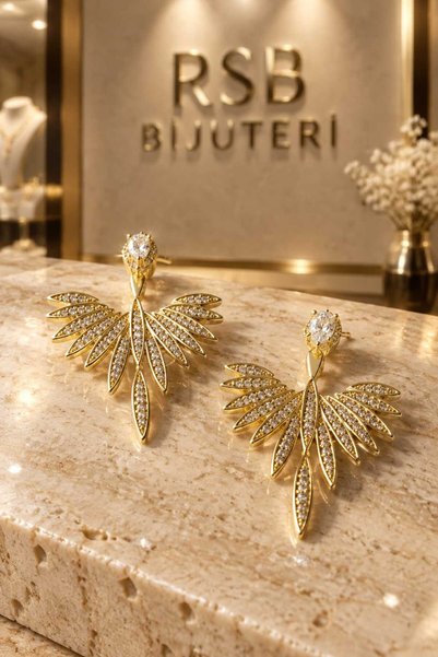 RSB Bijuteri ve Aksesuar Küpe LUXE Seri Taşlı Altın Renk Kaplama + Hediye Paket