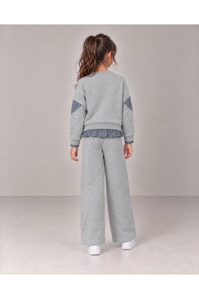 TOP CLOTHE طقم بناتي شتوي مبطن من الداخل قطعتين، سويت شيرت برسمة قطة وبنطال واسع، ترينق بناتي رمادي بأكمام طويلة وتفاصيل كاروهات، ملابس أطفال شتوية للمدرسة والخروجات